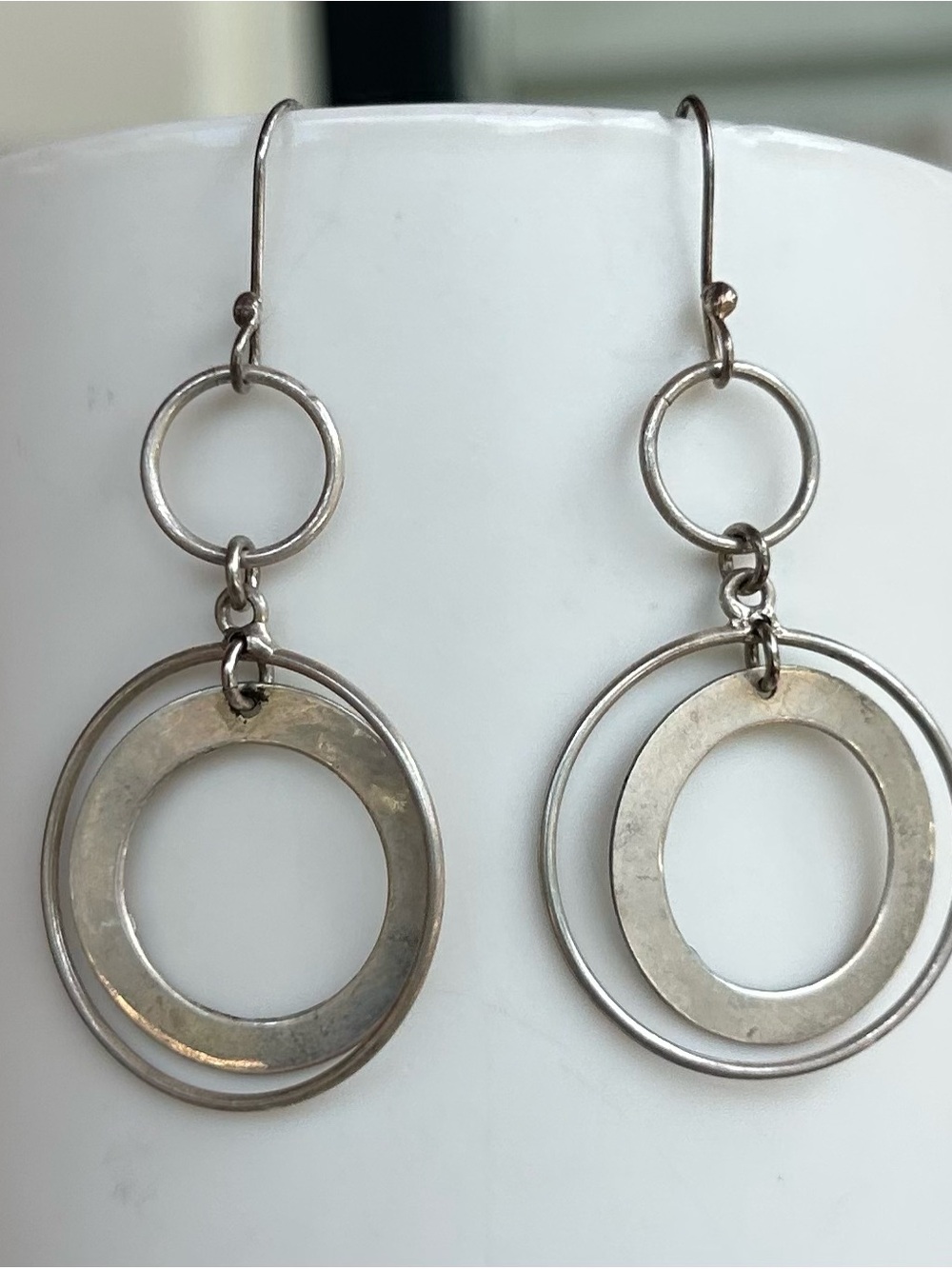 925 Sterling Silver Double Circle Drop Earrings - Silver